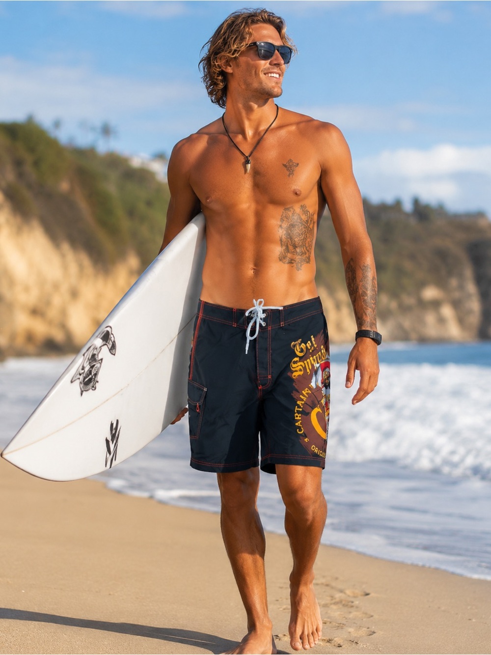 Captain Morgan Graphic Board Shorts Men’s  Black Red‎ Surf Swim Trunks Beachwear